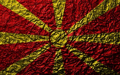 Flag of North Macedonia, 4k, stone texture, waves texture, North Macedonia flag, national symbol, North Macedonia, Europe, stone background