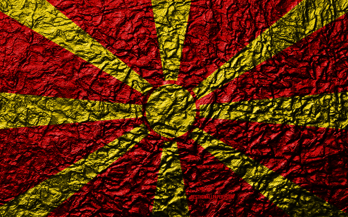 Flaggan i Norra Makedonien, 4k, sten struktur, v&#229;gor konsistens, Norra Makedonien flagga, nationell symbol, Norra Makedonien, Europa, sten bakgrund