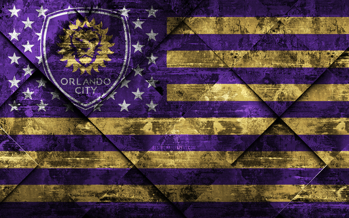 Orlando City SC, 4k, American flag club, grunge art, grunge texture, American flag, MLS, Orlando, Florida, USA, Major League Soccer, USA flag, soccer, football