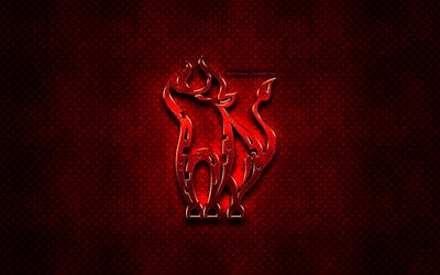 Ox, red djur tecken, kinesiska zodiaken, Kinesiska kalendern, Oxens stj&#228;rntecken, red metal bakgrund, Kinesiska Stj&#228;rntecknen, djur, kreativa