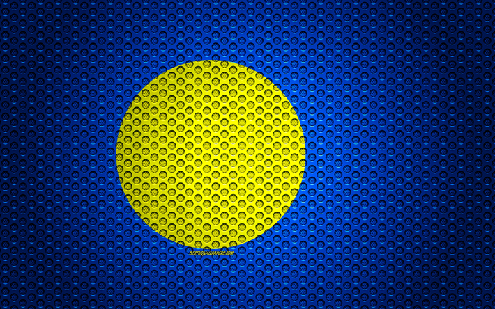 Bandeira de Palau, 4k, arte criativa, a malha de metal textura, Palau bandeira, s&#237;mbolo nacional, Pal&#225;cio, Oceania, bandeiras da Oce&#226;nia pa&#237;ses