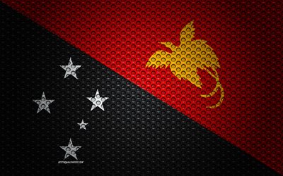 Flag of Papua New Guinea, 4k, creative art, metal mesh texture, Papua New Guinea flag, national symbol, Papua New Guinea, Oceania, flags of Oceania countries