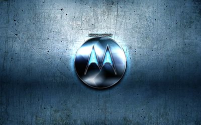 Motorola logo en m&#233;tal, bleu m&#233;tal, fond, illustration, Motorola, marques, Motorola logo 3D, cr&#233;ation, logo Motorola