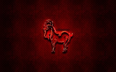 Goat, red animals signs, chinese zodiac, Chinese calendar, Goat zodiac sign, red metal background, Chinese Zodiac Signs, animals, creative, Goat zodiac