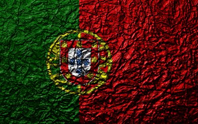 Flag of Portugal, 4k, stone texture, waves texture, Portuguese flag, national symbol, Portugal, Europe, stone background