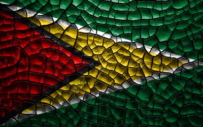Flag of Guyana, 4k, cracked soil, South America, Guyanese flag, 3D art, Guyana, South American countries, national symbols, Guyana 3D flag