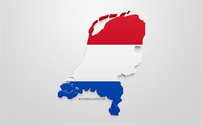 3d flagge der niederlande, silhouette karte von niederlande, 3d-kunst, niederlande, fahne, europa, geographie, niederlande 3d-silhouette