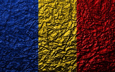 Flag of Romania, 4k, stone texture, waves texture, Romanian flag, national symbol, Romania, Europe, stone background