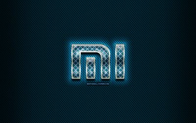 Xiaomi glass logo, blue background, artwork, Xiaomi, brands, Xiaomi rhombic logo, creative, Xiaomi logo