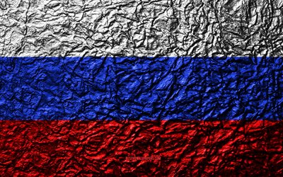 Flag of Russia, 4k, stone texture, waves texture, Russian flag, national symbol, Russian Federation, Europe, stone background