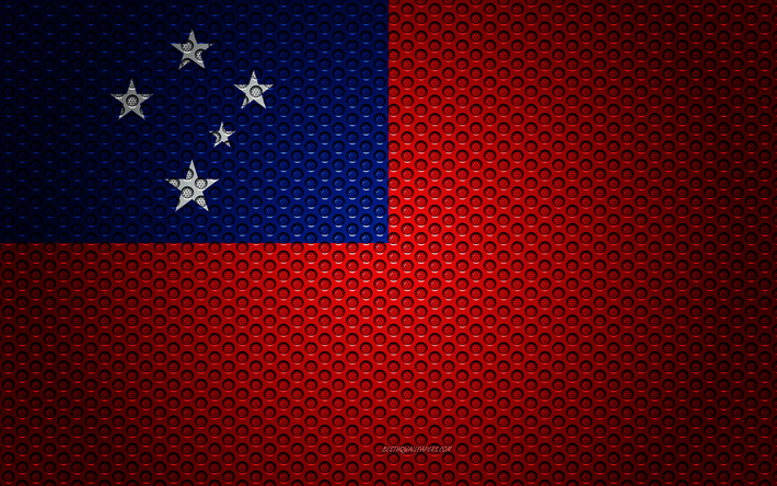 flagge von samoa -, 4k -, kunst -, metall textur, samoa, fahne, national, symbol, ozeanien, flaggen von ozeanien l&#228;nder