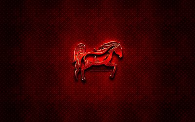 Horse, red animals signs, chinese zodiac, Chinese calendar, Horse zodiac sign, red metal background, Chinese Zodiac Signs, animals, creative, Horse zodiac