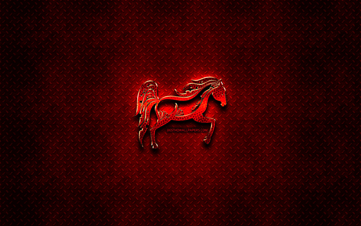Hevonen, punaiset el&#228;imet merkkej&#228;, kiinan zodiac, Kiinalaisen kalenterin, Hevonen horoskooppi, punainen metalli tausta, Kiinalainen Horoskooppi, el&#228;imet, luova, Hevonen zodiac