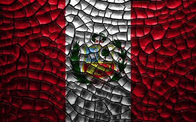 ペルーフラグ, 4k, ひび割れの土, 南米, 3Dアート, ペルー, 南米諸国, 国立記号, ペルーの3Dフラグ