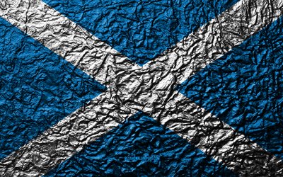 Flag of Scotland, 4k, stone texture, waves texture, Scottish flag, national symbol, Scotland, Europe, stone background