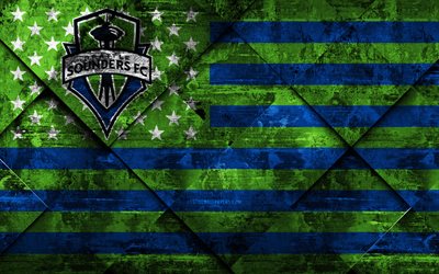 Seattle Sounders, 4k, American soccer club, grunge art, grunge texture, American flag, MLS, Seattle, Washington, USA, Major League Soccer, USA flag, soccer, football