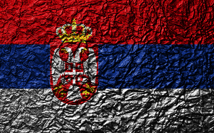 Flag of Serbia, 4k, stone texture, waves texture, Serbian flag, national symbol, Serbia, Europe, stone background