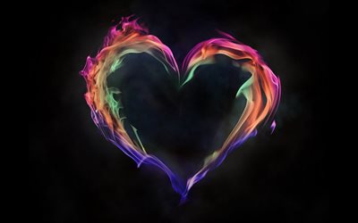 le cœur de la flamme, la flamme color&#233;e, amour, concepts, cœur ardent, arri&#232;re-plan noir