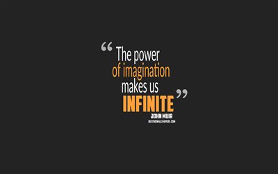 The power of imagination makes us infinite, John Muir quotes, minimalism, quotes about imagination, gray background, popular quotes