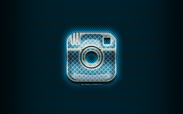 Instagramガラスのロゴ, 青色の背景, 作品, Instagram, ブランド, Instagram菱形マーク, 創造, Instagramのロゴ