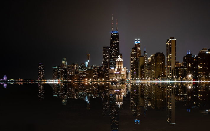 Willis Kulesi, Chicago, gece, g&#246;kdelenler, şehir, Michigan G&#246;l&#252;, skyline, Michigan, ABD