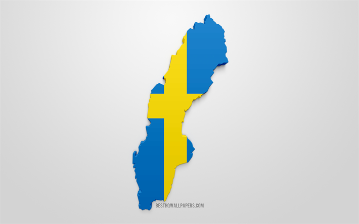 3d-flagga Sverige, silhuetten av en flagga Sverige, 3d-konst, Svenska flaggan, Europa, Sverige, geografi, Sverige 3d siluett