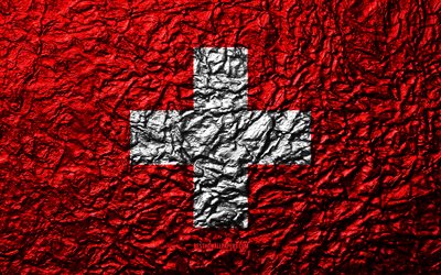 Bandiera della Svizzera, 4k, pietra, texture, onde texture, Svizzero, bandiera, nazionale, simbolo, Svizzera, Europa, pietra di sfondo