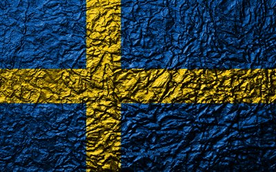 Flag of Sweden, 4k, stone texture, waves texture, Swedish flag, national symbol, Sweden, Europe, stone background