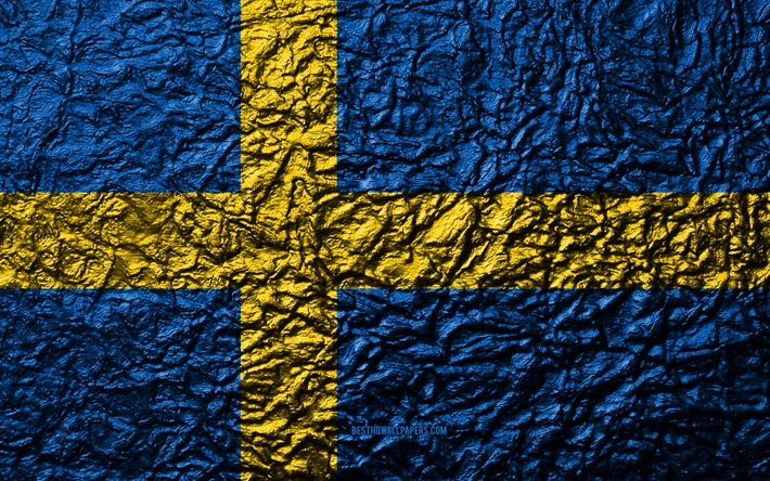Lippu Ruotsi, 4k, kivi rakenne, aallot rakenne, Ruotsin lippu, kansallinen symboli, Ruotsi, Euroopassa, kivi tausta