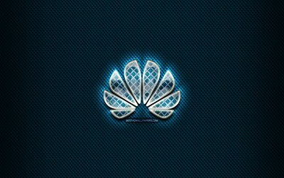 huawei glas-logo, blauer hintergrund, grafik, huawei, marken, huawei rhombus-logo, kreativ, huawei-logo