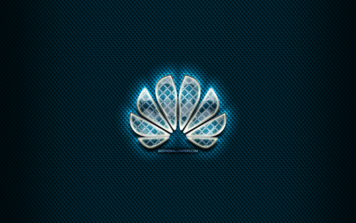 Huawei vidrio logotipo, fondo azul, ilustraci&#243;n, Huawei, marcas, Huawei r&#243;mbico logotipo, creativa, el logo de Huawei