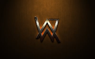 Alan Walker glitter logo, creative, bronze metal background, Alan Walker logo, brands, Alan Walker