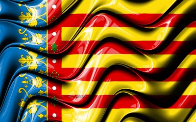 Val&#234;ncia bandeira, 4k, Prov&#237;ncias da Espanha, distritos administrativos, Bandeira de Val&#234;ncia, Arte 3D, Valencia, prov&#237;ncias espanholas, Val&#234;ncia 3D bandeira, Espanha, Europa