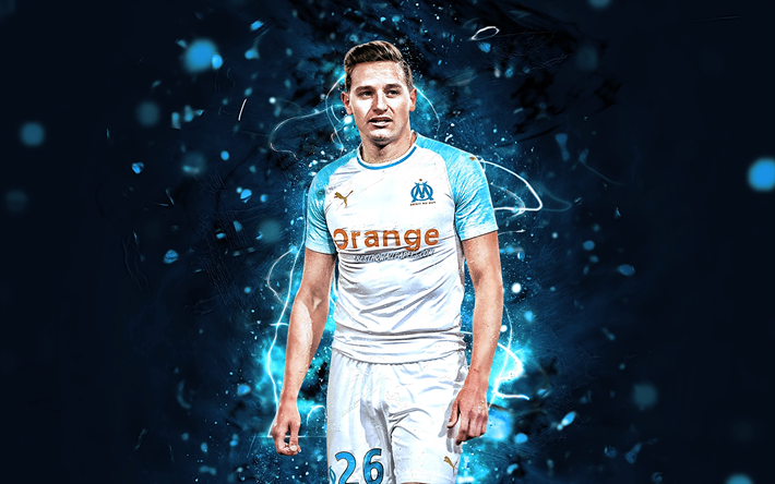Florian Thauvin, bianco uniforme, Olympique Marseille FC, francese, calciatori, calcio, Ligue 1, Thauvin, luci al neon, Francia