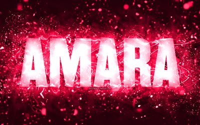 Buon compleanno Amara, 4k, luci al neon rosa, nome Amara, creativo, Hazel Happy Birthday, compleanno Amara, nomi femminili americani popolari, foto con nome Amara, Amara
