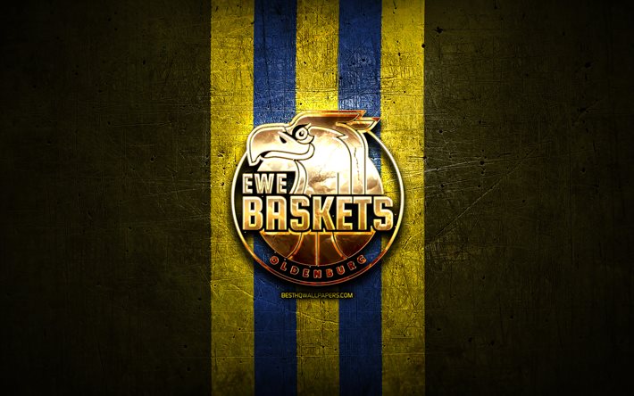 Paniers Oldenburg, logo dor&#233;, BBL, fond m&#233;tal jaune, club de basket allemand, Bundesliga de basket-ball, logo Baskets Oldenburg, basket-ball
