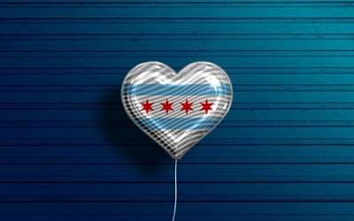 Chicago, Illinois, 4k, gerçekçi balonlar, mavi ahşap arka plan, amerikan şehirleri, Chicago bayrağı, bayraklı balon, ABD şehirlerini seviyorum