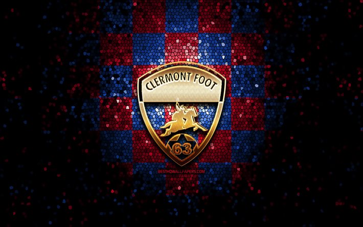 Clermont Foot 63 FC, glitter logo, Ligue 2, red white checkered background, soccer, french football club, Clermont Foot 63 logo, mosaic art, football, GF63, Clermont Foot 63