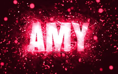 Feliz anivers&#225;rio, Amy, 4k, luzes de n&#233;on rosa, nome da Amy, criativa, Feliz anivers&#225;rio da Amy, Anivers&#225;rio da Amy, nomes femininos populares americanos, foto com o nome da Amy