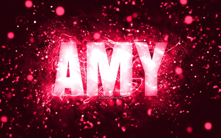 Joyeux anniversaire Amy, 4k, n&#233;ons roses, nom d&#39;Amy, cr&#233;atif, Amy Happy Birthday, Amy Birthday, noms f&#233;minins am&#233;ricains populaires, photo avec le nom d&#39;Amy, Amy