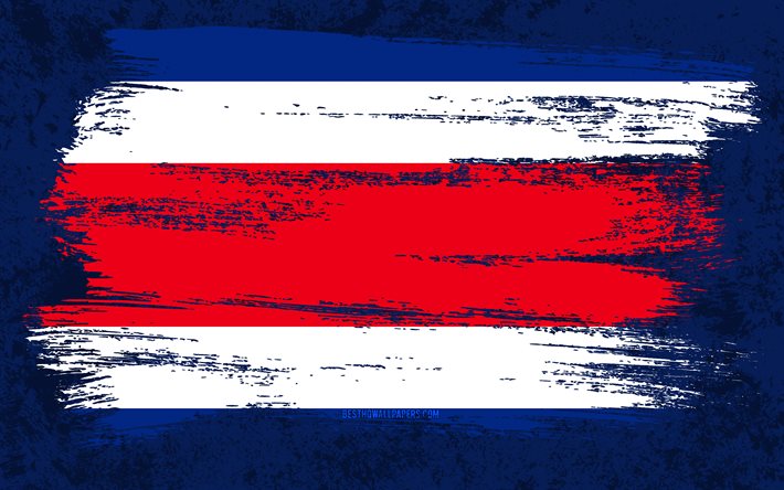 4k, Costa Rica flagga, grunge flaggor, Nordamerikanska l&#228;nder, nationella symboler, penseldrag, Costa Ricas flagga, grunge konst, Nordamerika, Costa Rica