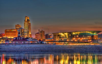 Omaha, sera, tramonto, paesaggio urbano di Omaha, edifici moderni, Nebraska, Omaha Skyline, USA