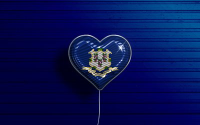 I Love Connecticut, 4k, realistic balloons, blue wooden background, United States of America, Connecticut flag heart, flag of Connecticut, balloon with flag, American states, Love Connecticut, USA