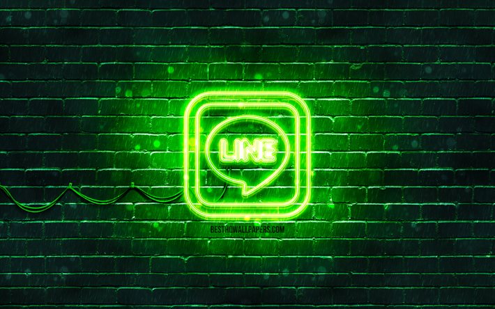 LINE logo verde, 4k, muro di mattoni verde, logo LINE, messenger, logo LINE neon, LINE