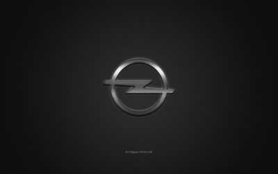Logo Opel, logo argent&#233;, fond gris en fibre de carbone, embl&#232;me en m&#233;tal Opel, Opel, marques de voitures, art cr&#233;atif