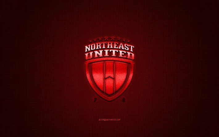 نورث ايست يونايتد, شعار 3D الإبداعية, خلفية حمراء, 3d شعار, نادي كرة القدم الهندي, الدوري الهندي الممتاز, جواهاتي, الهند, فن ثلاثي الأبعاد, كرة القدم, شعار NorthEast United FC ثلاثي الأبعاد