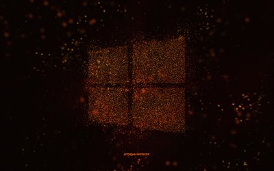 Logotipo brilhante do Windows, fundo preto, logotipo do Windows, arte com glitter laranja, Windows, arte criativa, logotipo com glitter laranja do Windows, logotipo do Windows 10