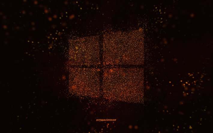 Logotipo brilhante do Windows, fundo preto, logotipo do Windows, arte com glitter laranja, Windows, arte criativa, logotipo com glitter laranja do Windows, logotipo do Windows 10