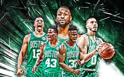 4k, Jayson Tatum, Grant Williams, Semi Ojeleye, Javonte Green, Kemba Walker, grunge art, Boston Celtics, basketbol, NBA, Boston Celtics takımı, yeşil soyut ışınlar, basketbol yıldızları