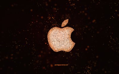 apple glitter logo, schwarzer hintergrund, apple logo, orange glitter kunst, apple, kreative kunst, apple orange glitter logo